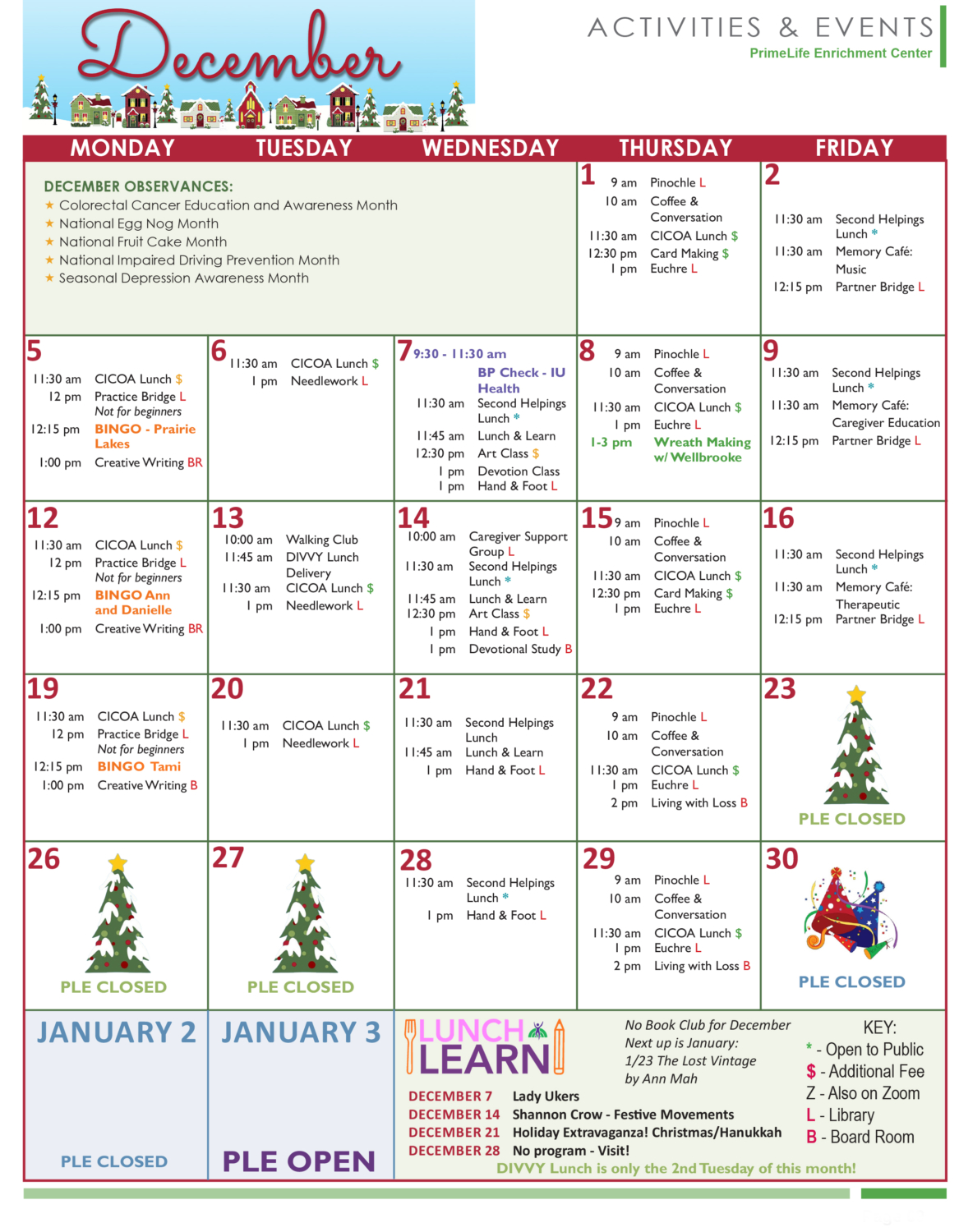 December Activities Calendar PrimeLife Enrichment